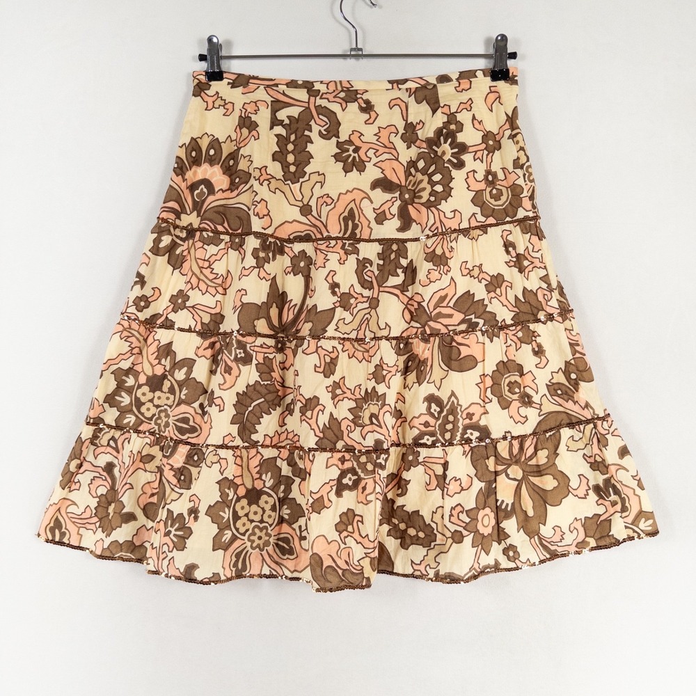 LOFT Skirt Womens 6 A Line Tiered Pink Brown Floral Sequins Lined Y2K Boho Glam - Picture 3 of 8
